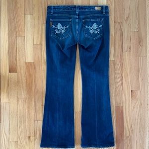 Paige Rose embroidery pocket bootcut jeans DARK
